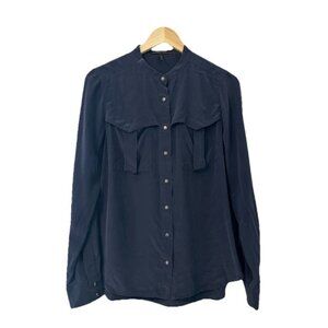 BCBGMaxazria Women's Medium 100% SILK Long Sleeve Navy Blue Button Up Blouse